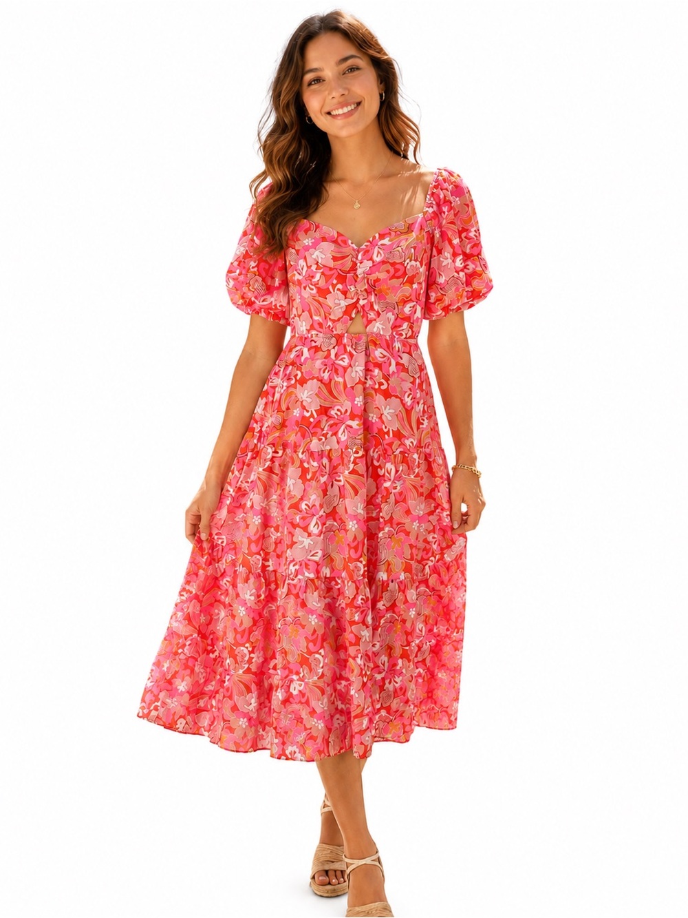 NWT BTFBM Floral Puff Sleeve Tiered Midi Dress, Retro Pink Orange  Lined